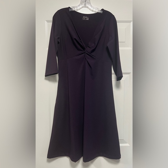Eddie Bauer Travex Solstice Twist Knot Dress Womens Med Purple Midi 3/4 Sleeve - Picture 1 of 14